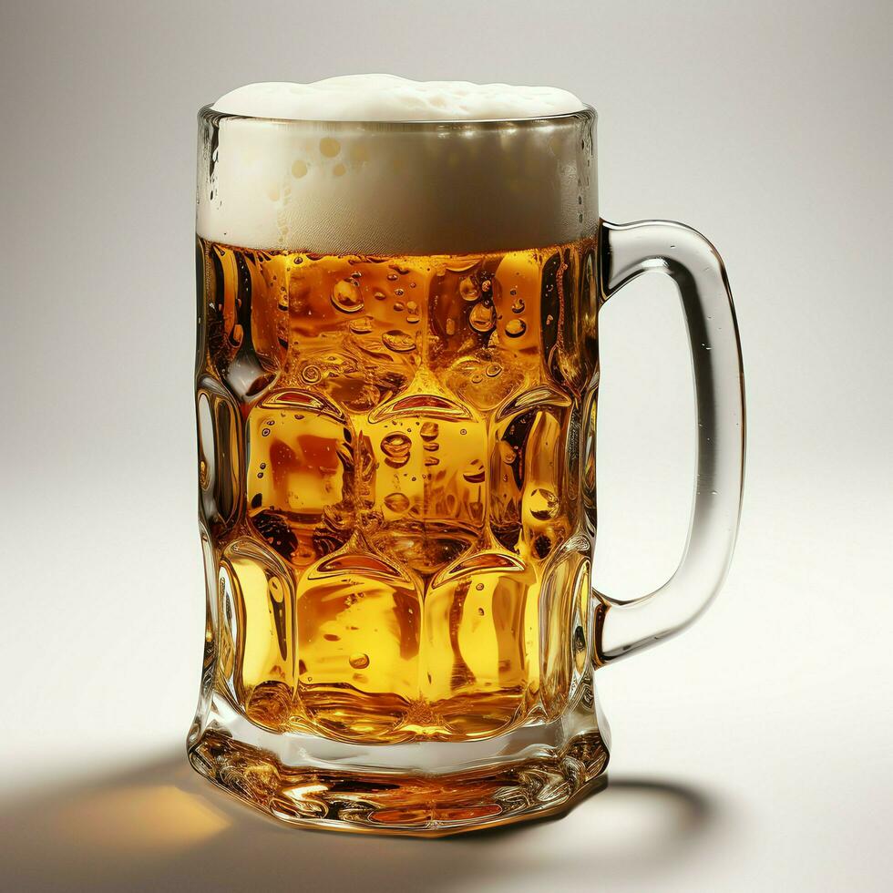 A glass of cold fresh beer with cap of foam. Splash of foam with tasty american beer. Beer day concept by AI Generated photo