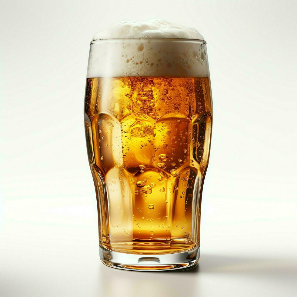 A glass of cold fresh beer with cap of foam. Splash of foam with tasty american beer. Beer day concept by AI Generated photo