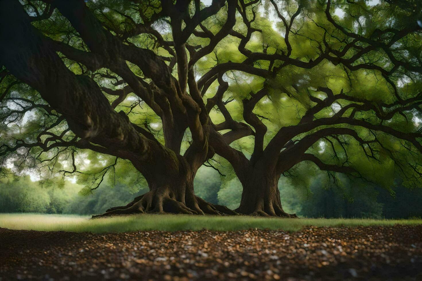 two large trees in the middle of a field. AI-Generated photo