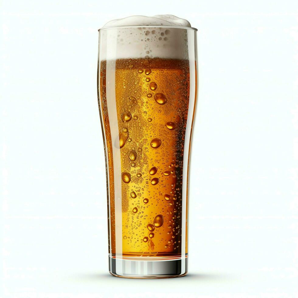 A glass of cold fresh beer with cap of foam. Splash of foam with tasty american beer. Beer day concept by AI Generated photo