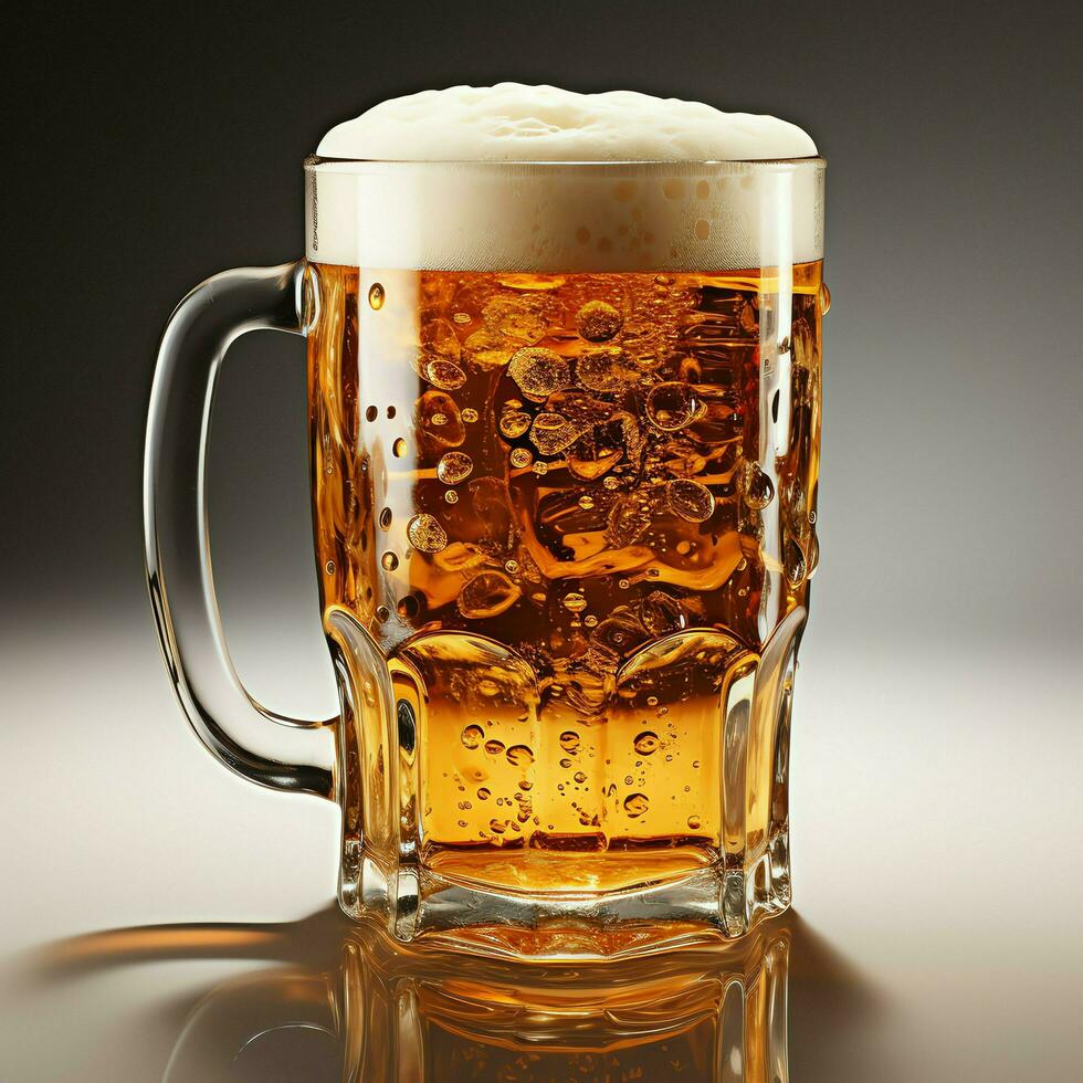 A glass of cold fresh beer with cap of foam. Splash of foam with tasty american beer. Beer day concept by AI Generated photo