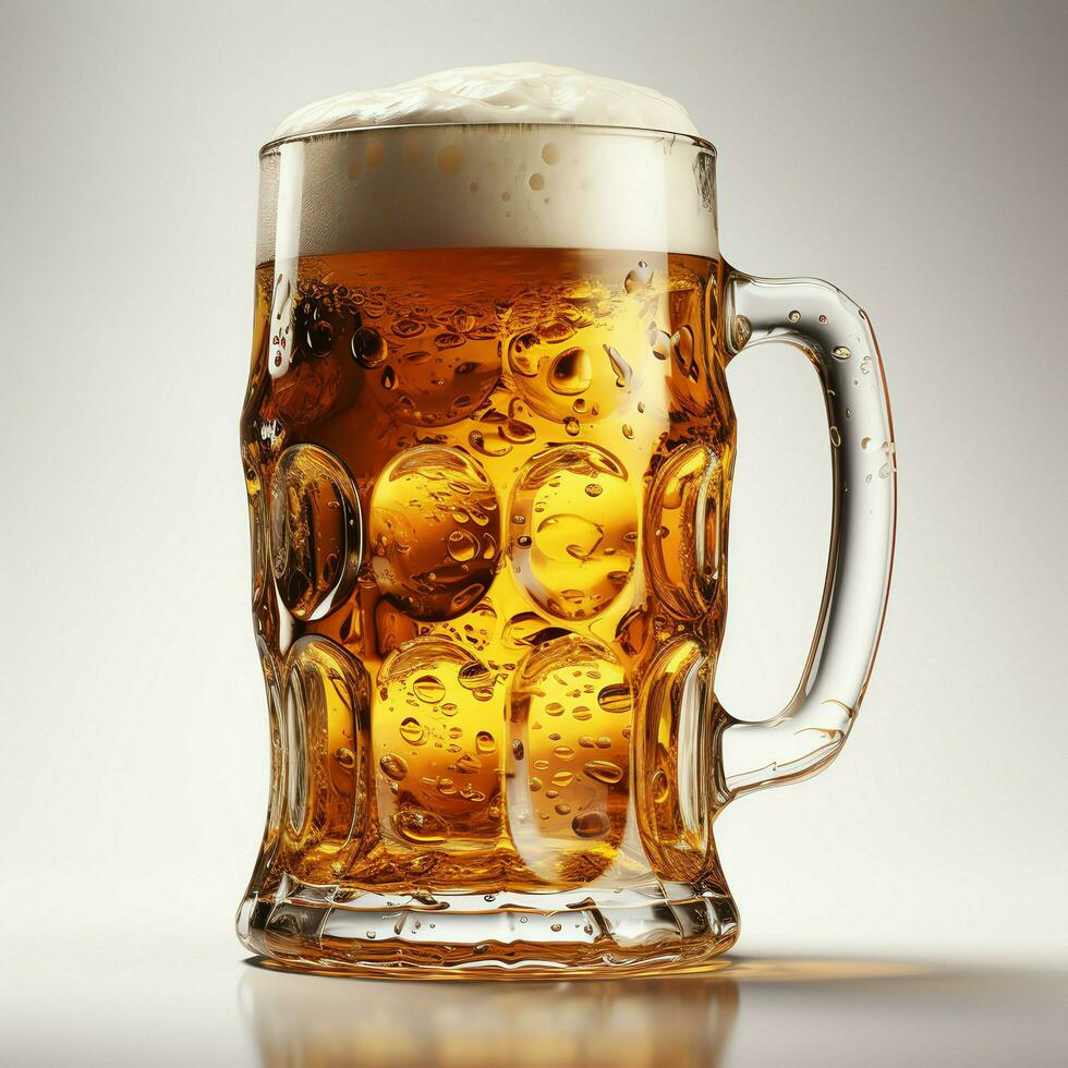 A glass of cold fresh beer with cap of foam. Splash of foam with tasty american beer. Beer day concept by AI Generated photo