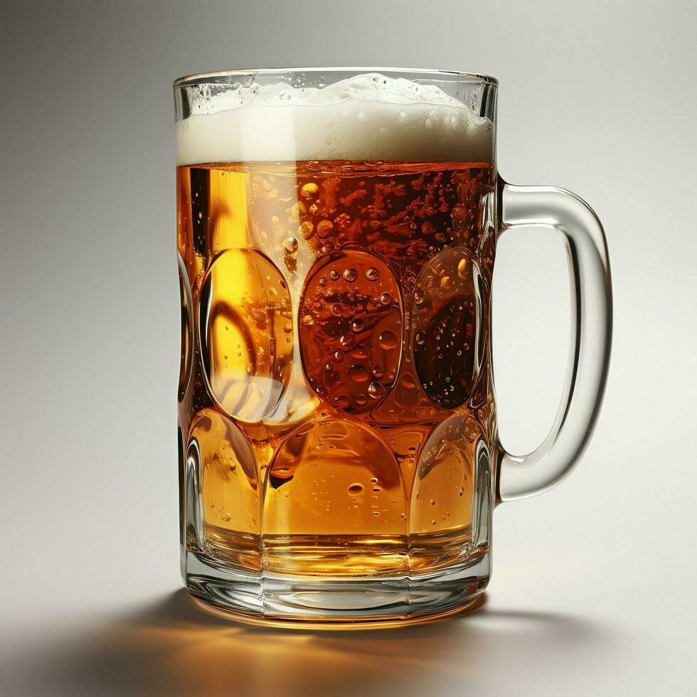 A glass of cold fresh beer with cap of foam. Splash of foam with tasty american beer. Beer day concept by AI Generated photo