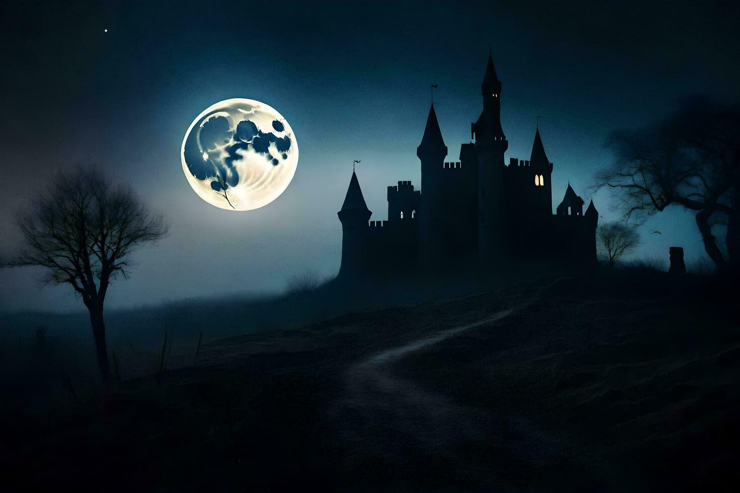 a castle in the dark with a full moon. AI-Generated photo