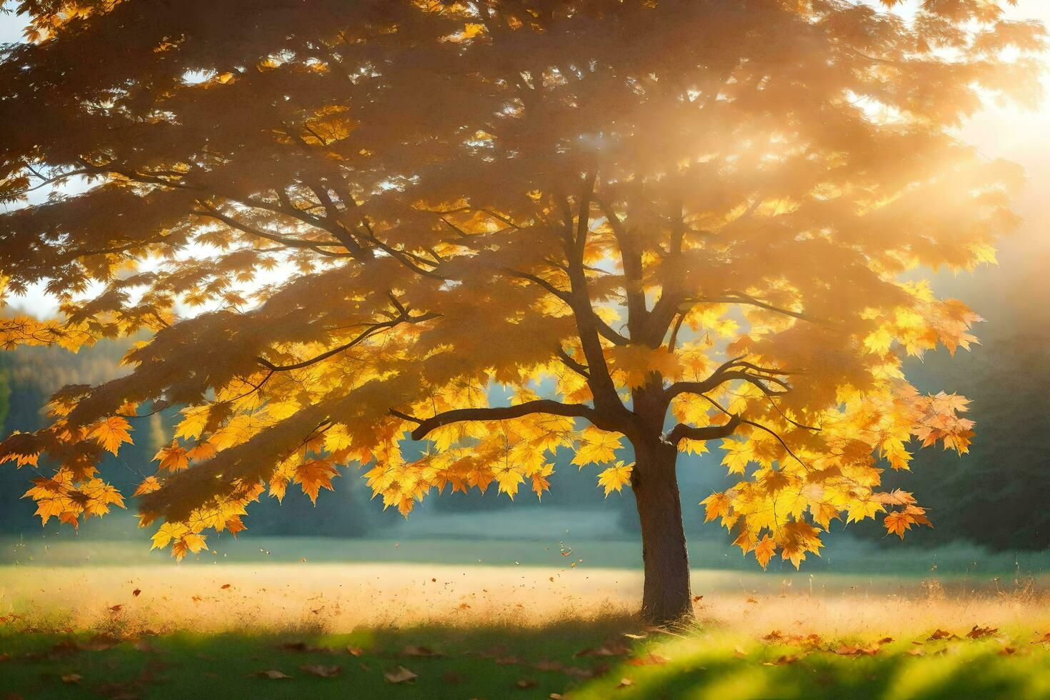 a tree in the sun with leaves falling. AI-Generated photo
