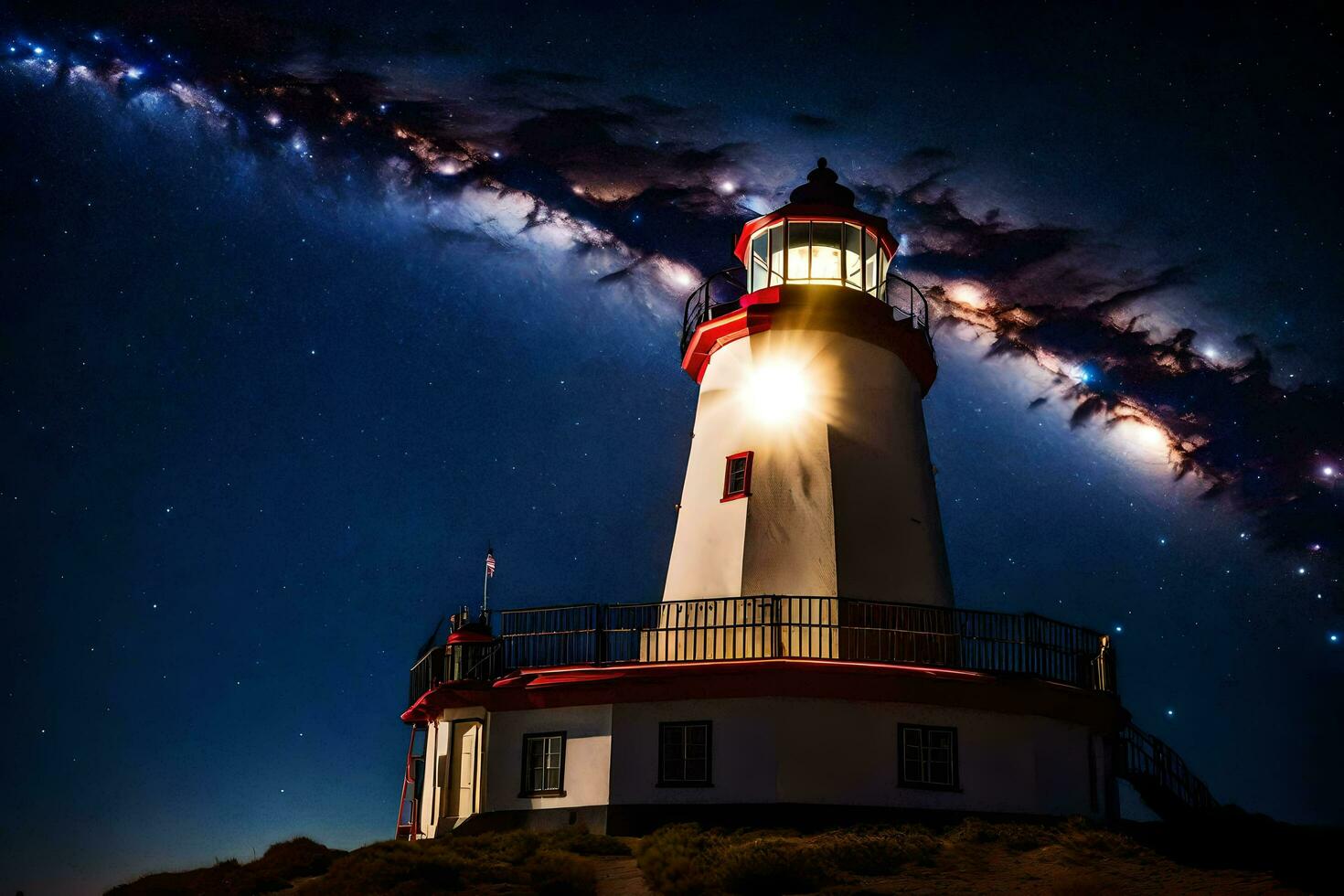 a lighthouse is lit up by the milky way. AI-Generated photo