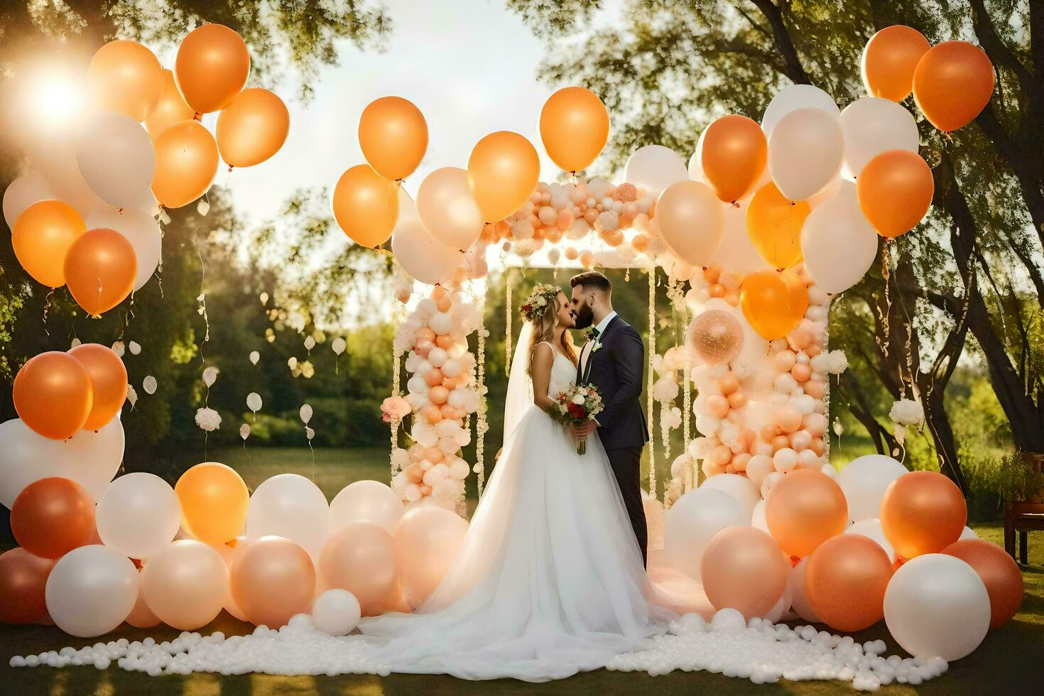 un novia y novio en pie debajo un arco de naranja y blanco globos generado por ai foto