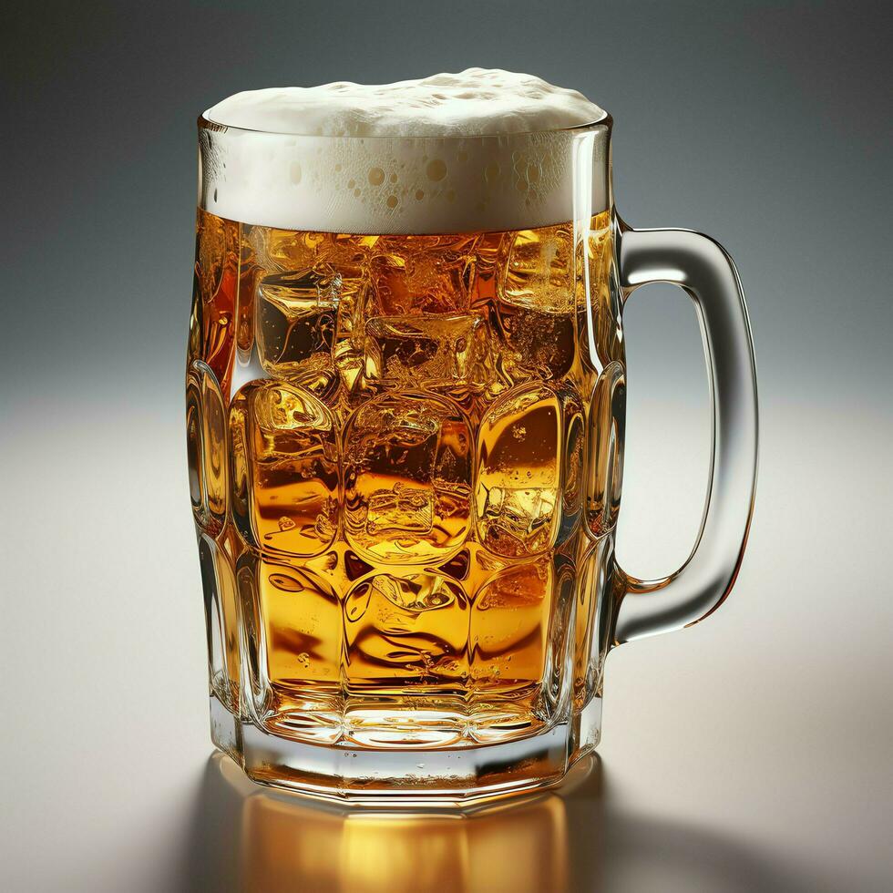 A glass of cold fresh beer with cap of foam. Splash of foam with tasty american beer. Beer day concept by AI Generated photo