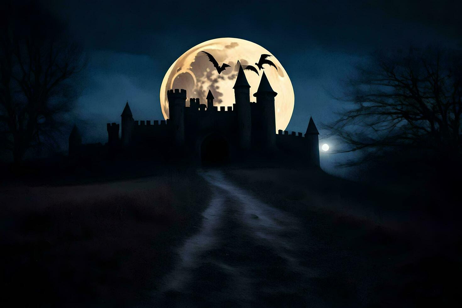 a castle with bats flying over it at night. AI-Generated photo