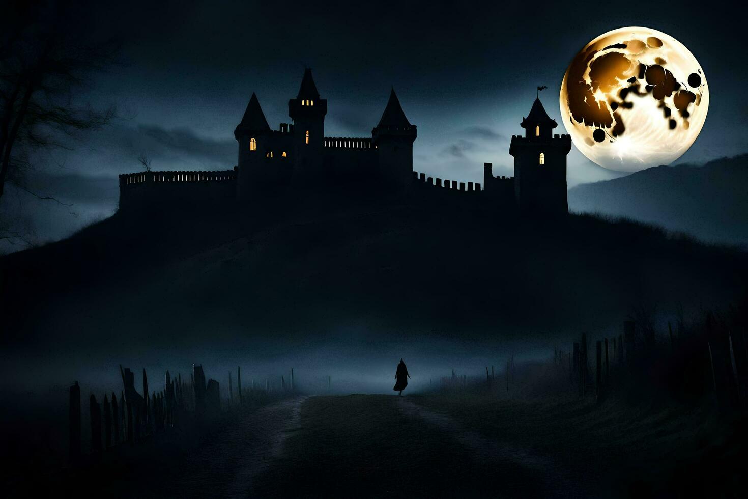a castle in the dark with a full moon. AI-Generated photo