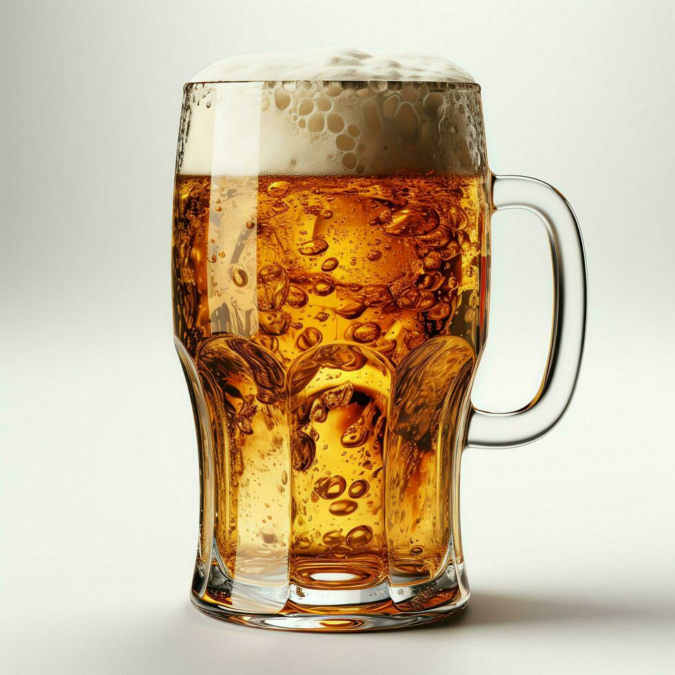 A glass of cold fresh beer with cap of foam. Splash of foam with tasty american beer. Beer day concept by AI Generated photo