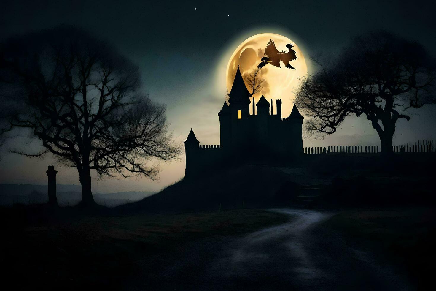 a castle with a full moon in the sky. AI-Generated photo