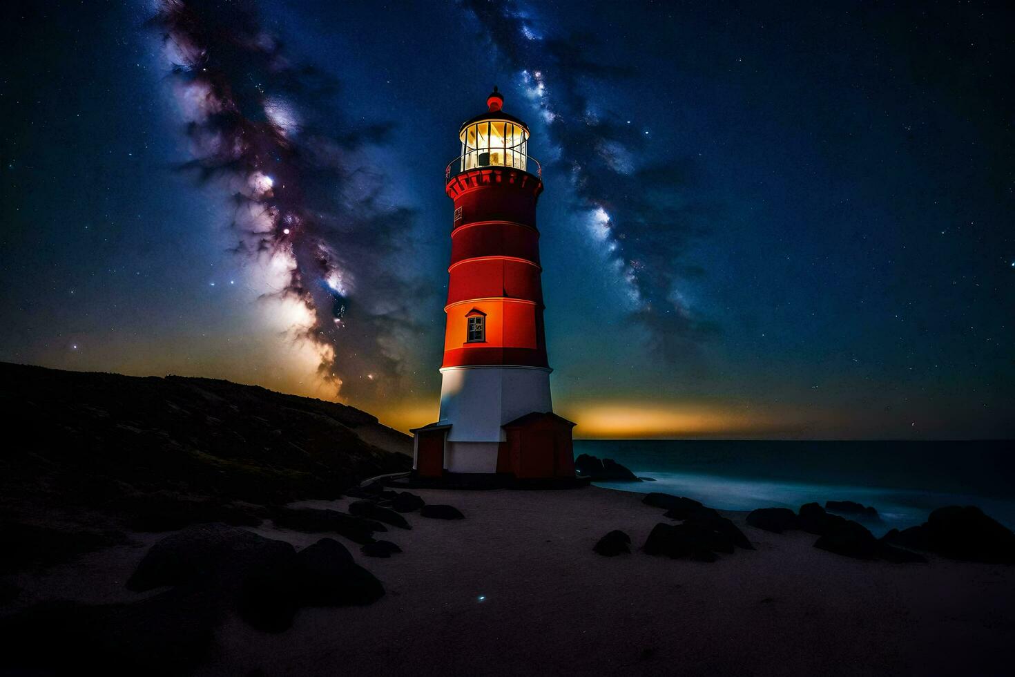 a lighthouse under the stars. AI-Generated photo