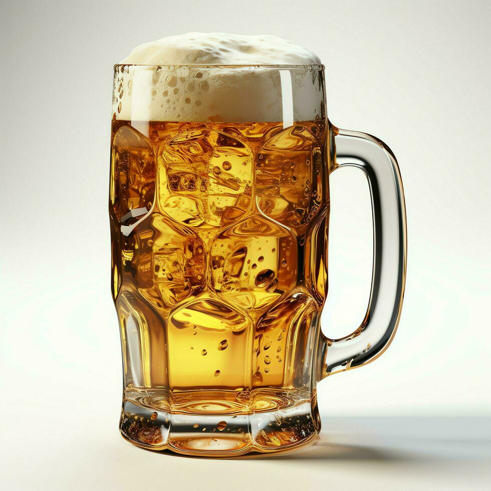 A glass of cold fresh beer with cap of foam. Splash of foam with tasty american beer. Beer day concept by AI Generated photo