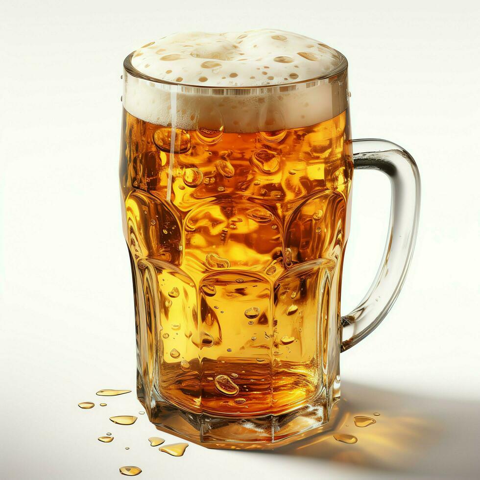 A glass of cold fresh beer with cap of foam. Splash of foam with tasty american beer. Beer day concept by AI Generated photo