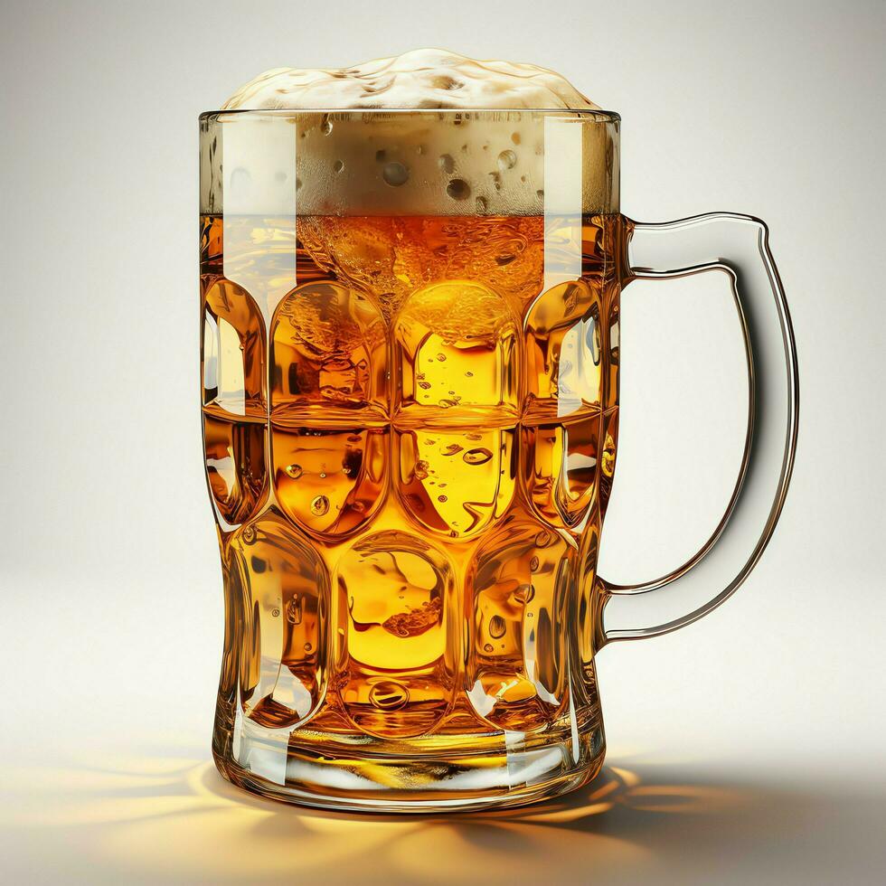 A glass of cold fresh beer with cap of foam. Splash of foam with tasty american beer. Beer day concept by AI Generated photo