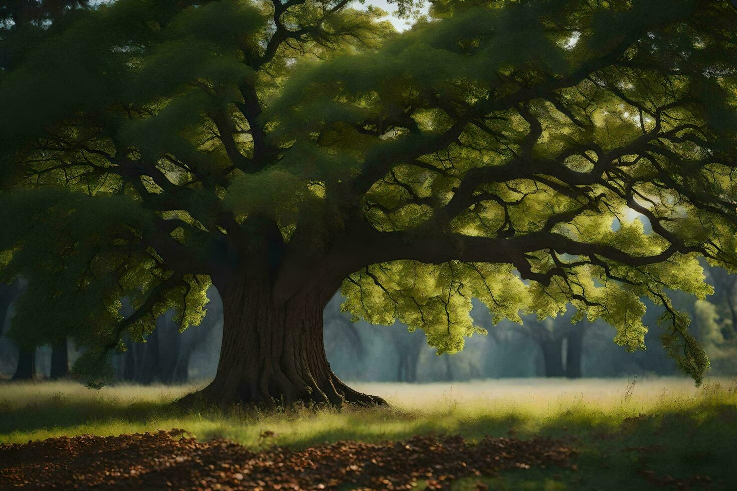 an oak tree in the middle of a field. AI-Generated photo