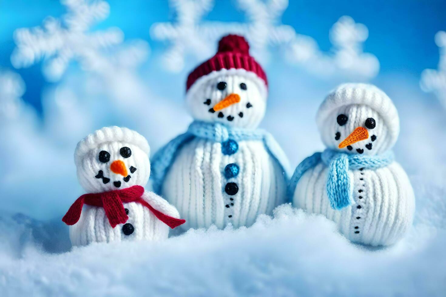 three snowmen are sitting in the snow. AI-Generated photo