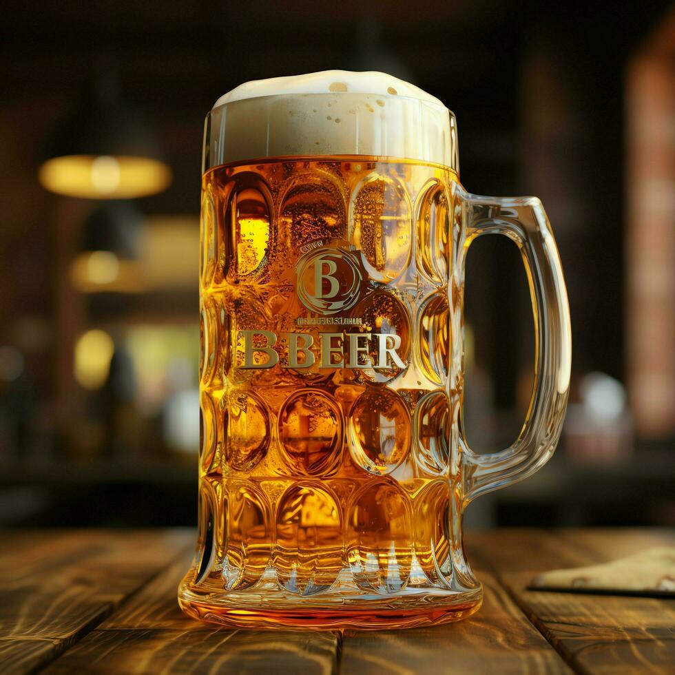 A glass of cold fresh beer with cap of foam. Splash of foam with tasty american beer. Beer day concept by AI Generated photo