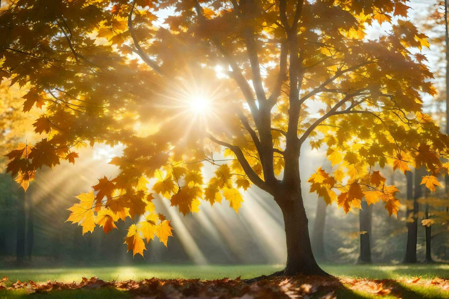 autumn tree with sun shining through leaves. AI-Generated photo