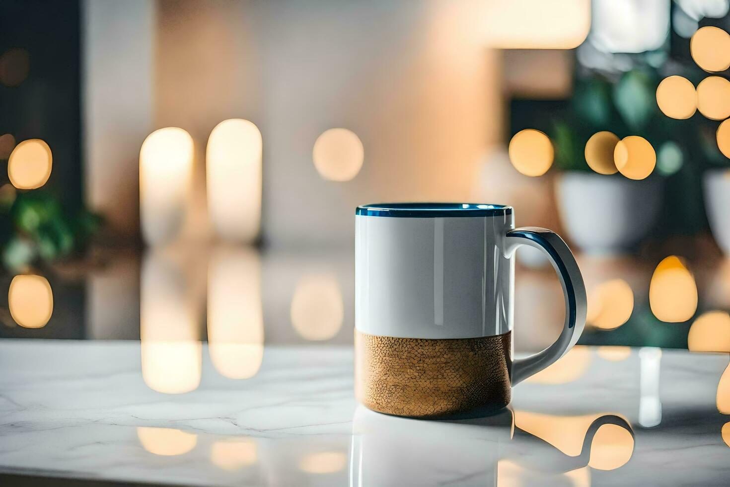 a coffee mug on a table with lights in the background. AI-Generated photo