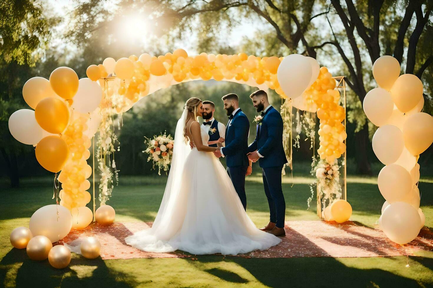 wedding couple under yellow balloon arch. AI-Generated photo