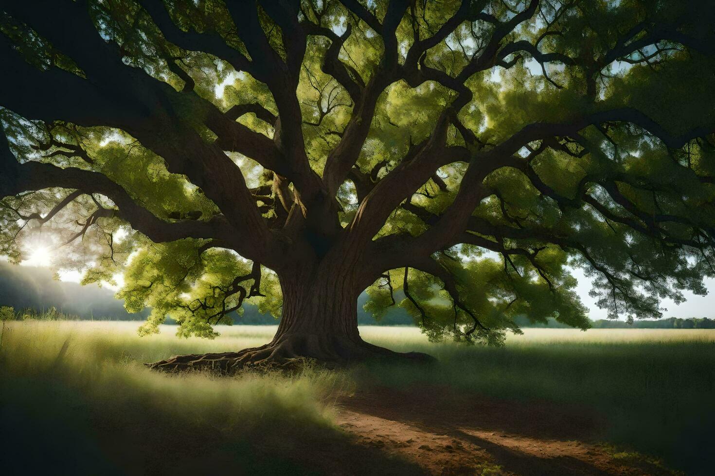 the sun shines through the leaves of an old oak tree. AI-Generated photo