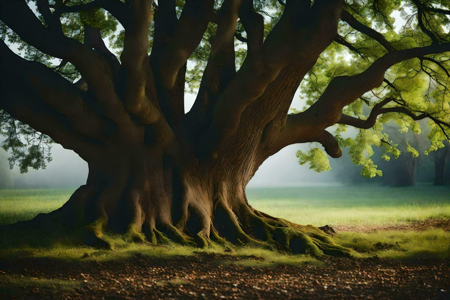 a large tree with roots in the grass. AI-Generated photo