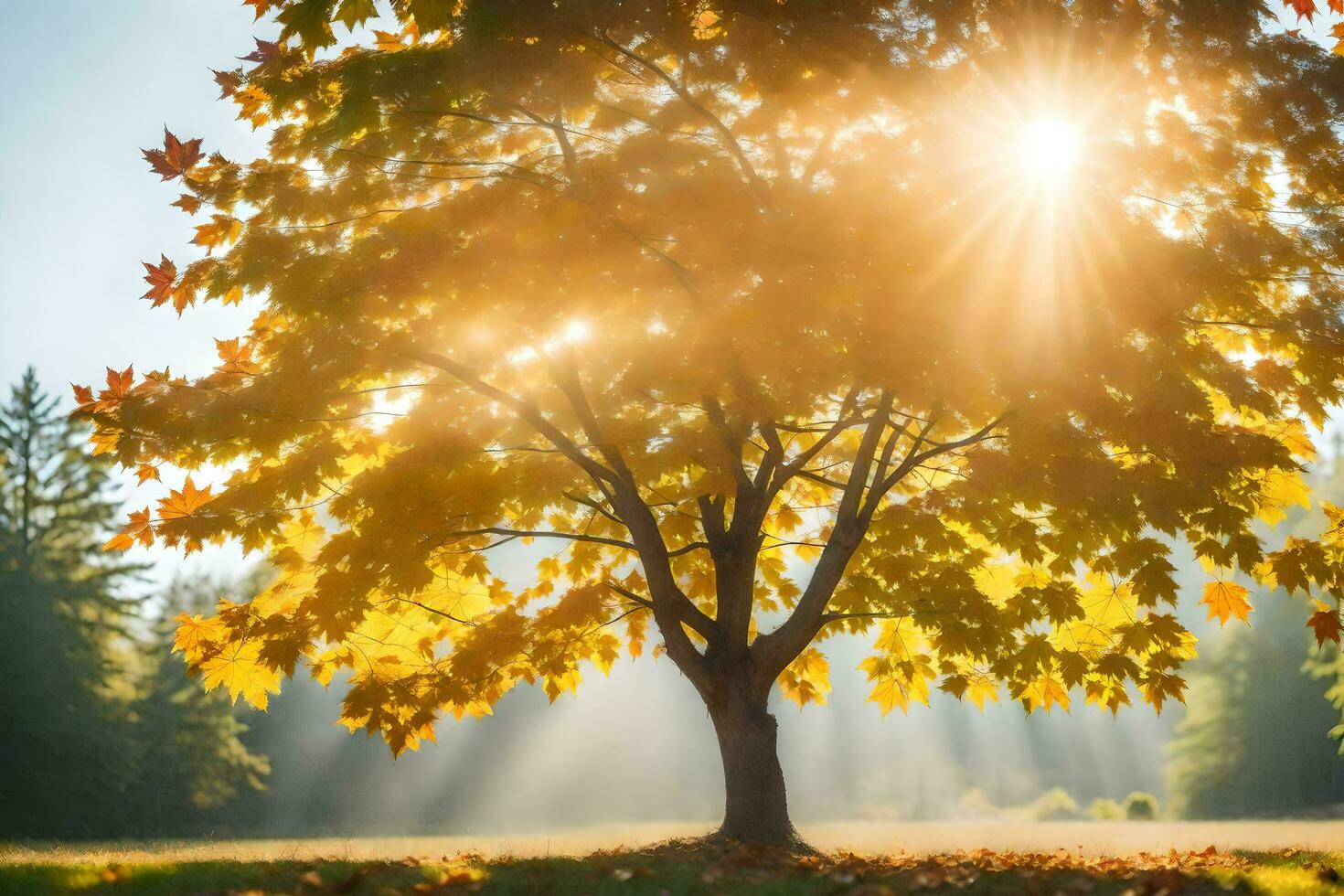 the sun shines through the leaves of a tree in the autumn. AI-Generated photo