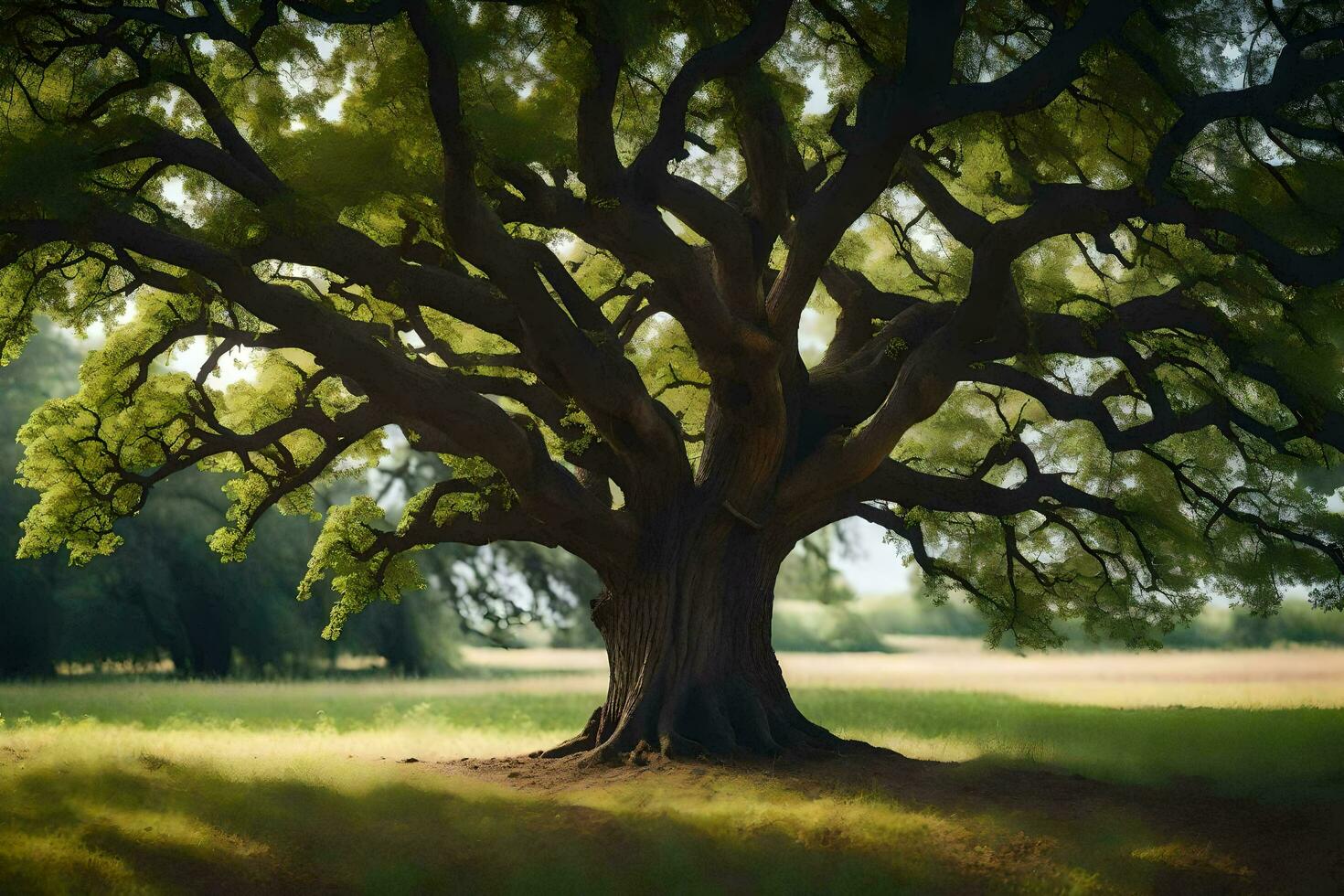 an oak tree in a field with grass and trees. AI-Generated photo