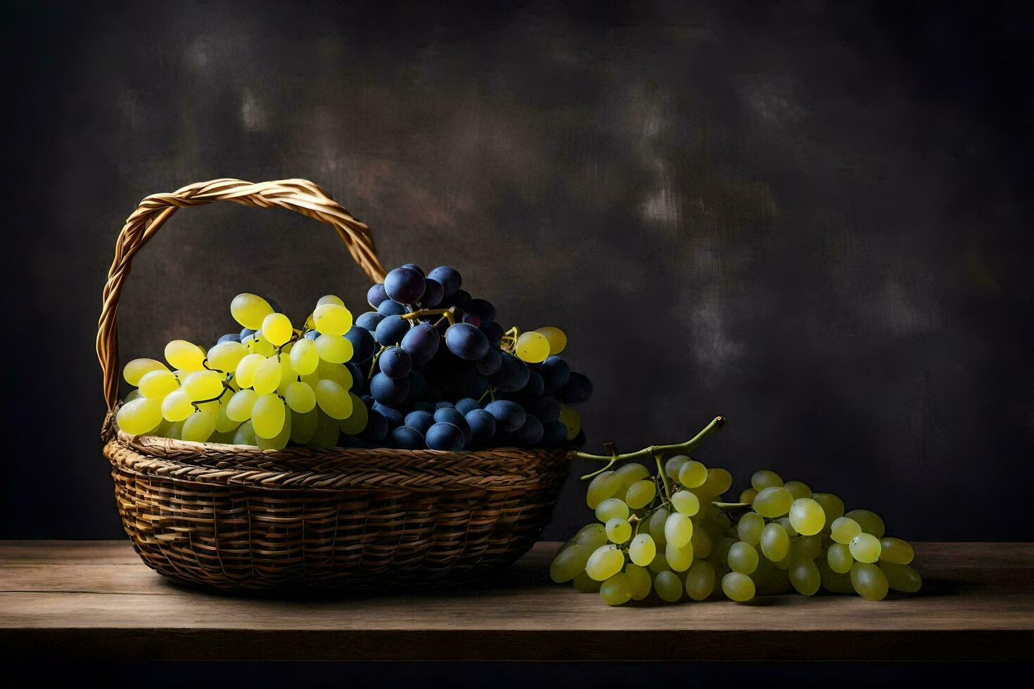 grapes in a basket on a table. AI-Generated photo