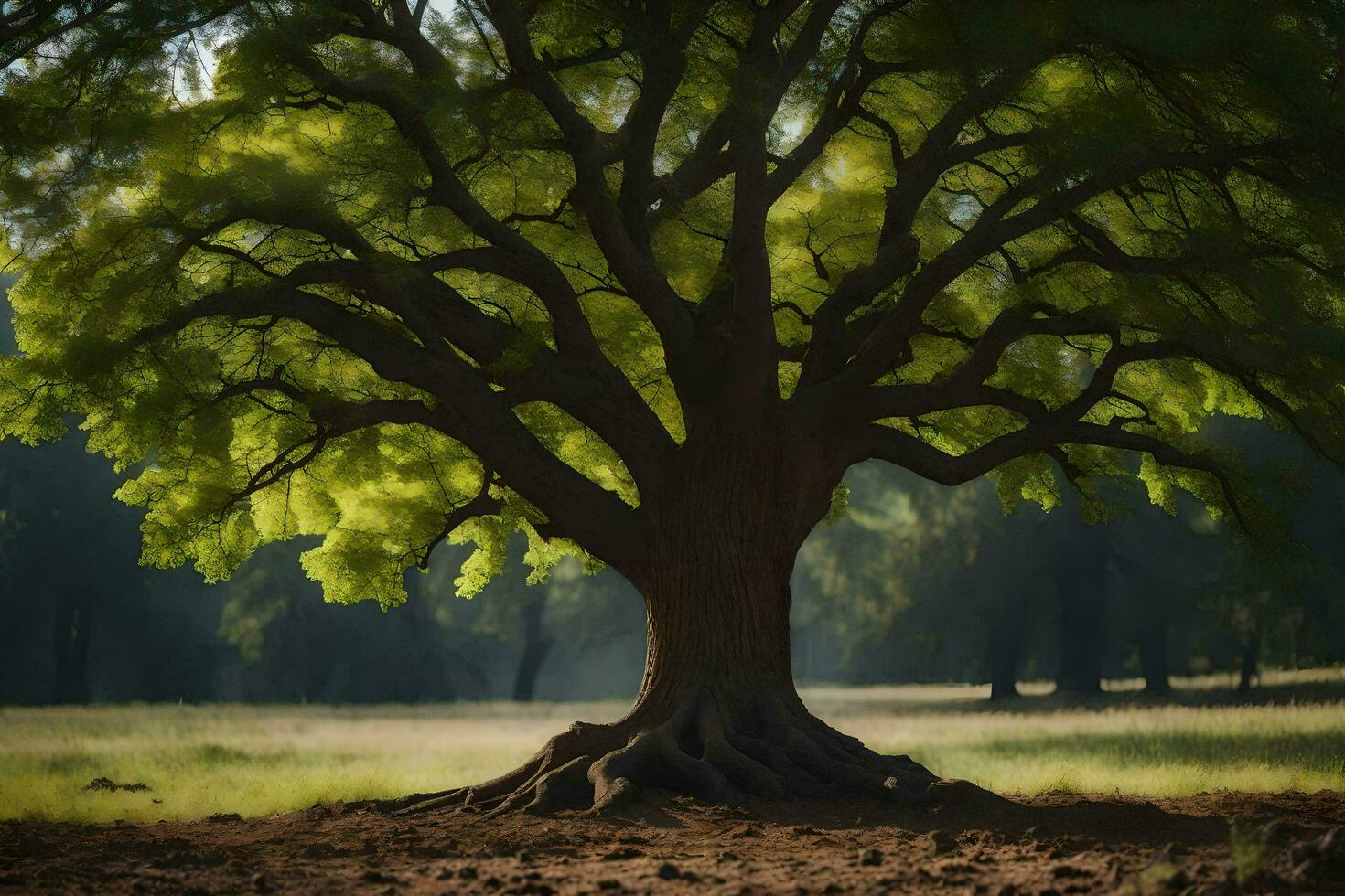 a large tree with roots in the dirt. AI-Generated photo