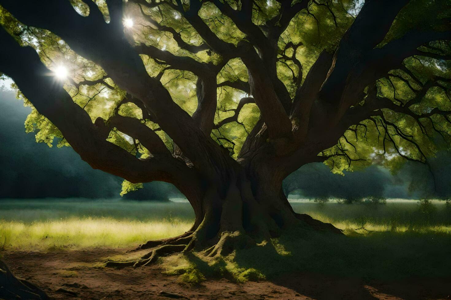 the sun shines through the branches of a large tree. AI-Generated photo