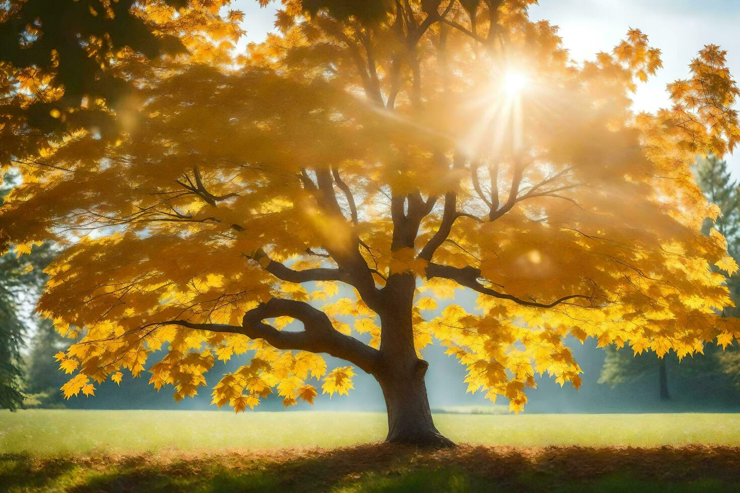 a tree with yellow leaves in the sun. AI-Generated photo