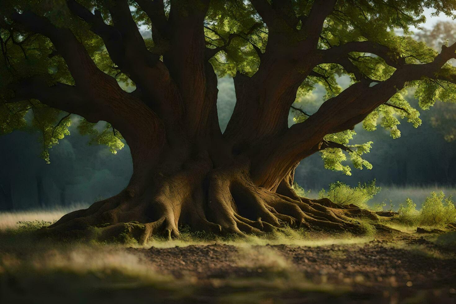 un grande árbol con raíces en el medio de un campo. generado por ai foto