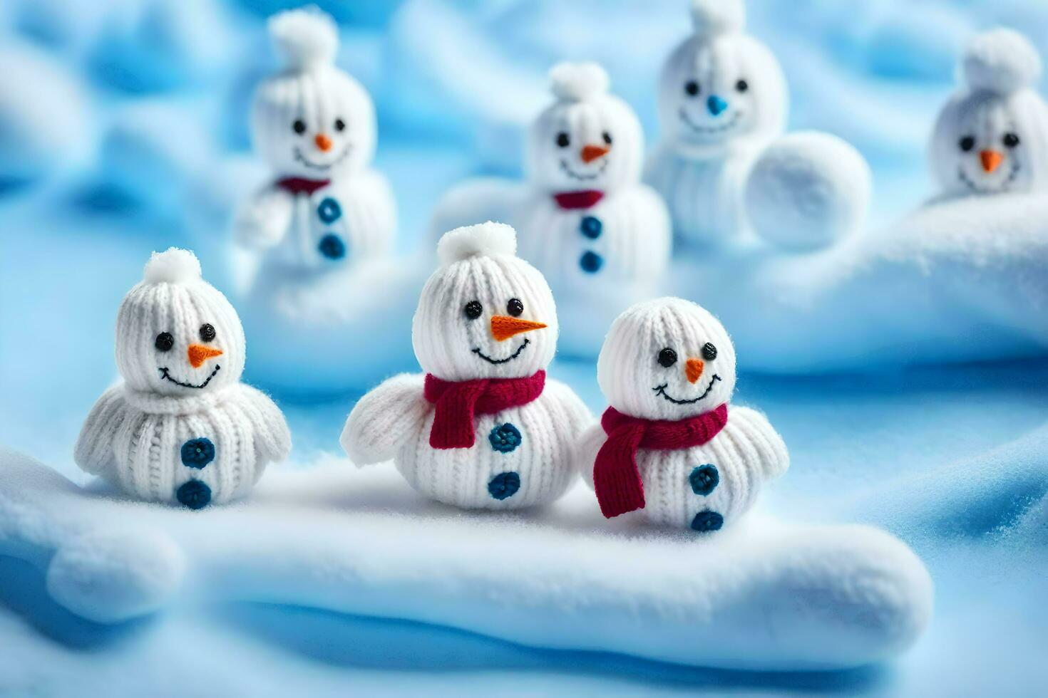 snowmen made from wool are arranged in a row. AI-Generated photo