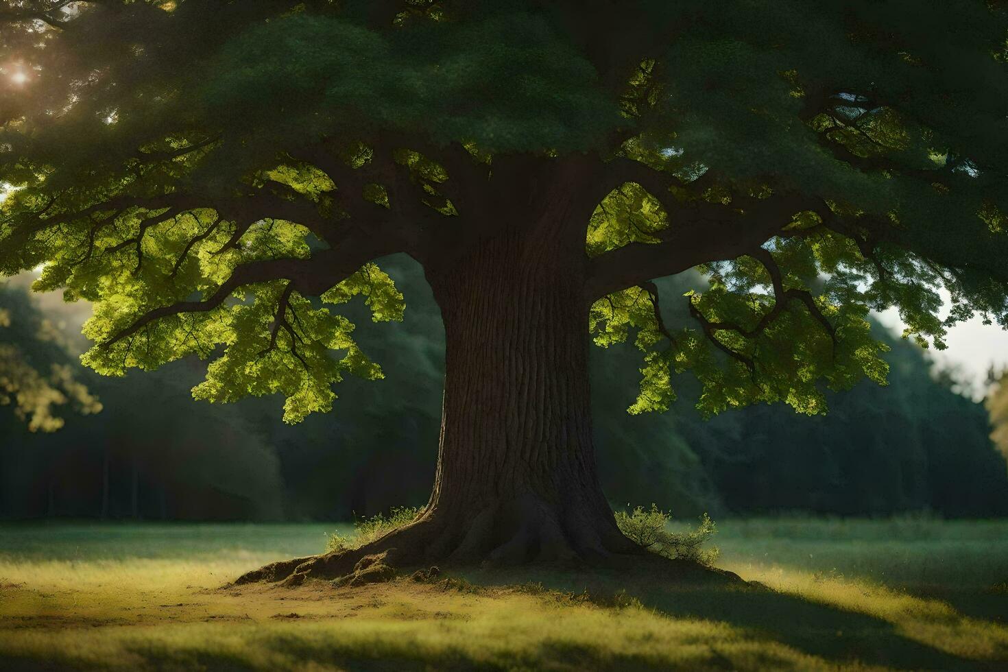 the sun shines through the leaves of a large tree. AI-Generated photo