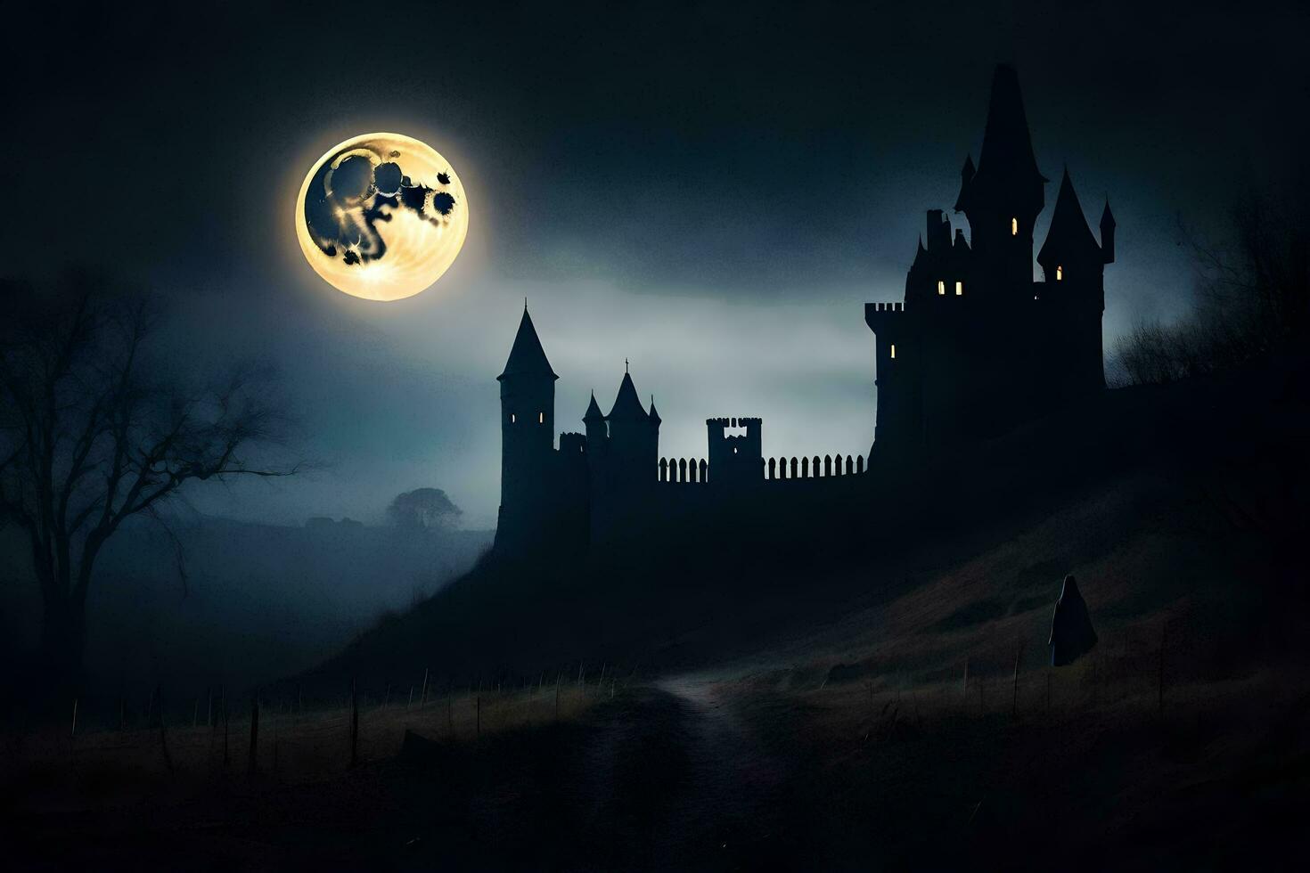 halloween castle in the dark with a full moon. AI-Generated photo