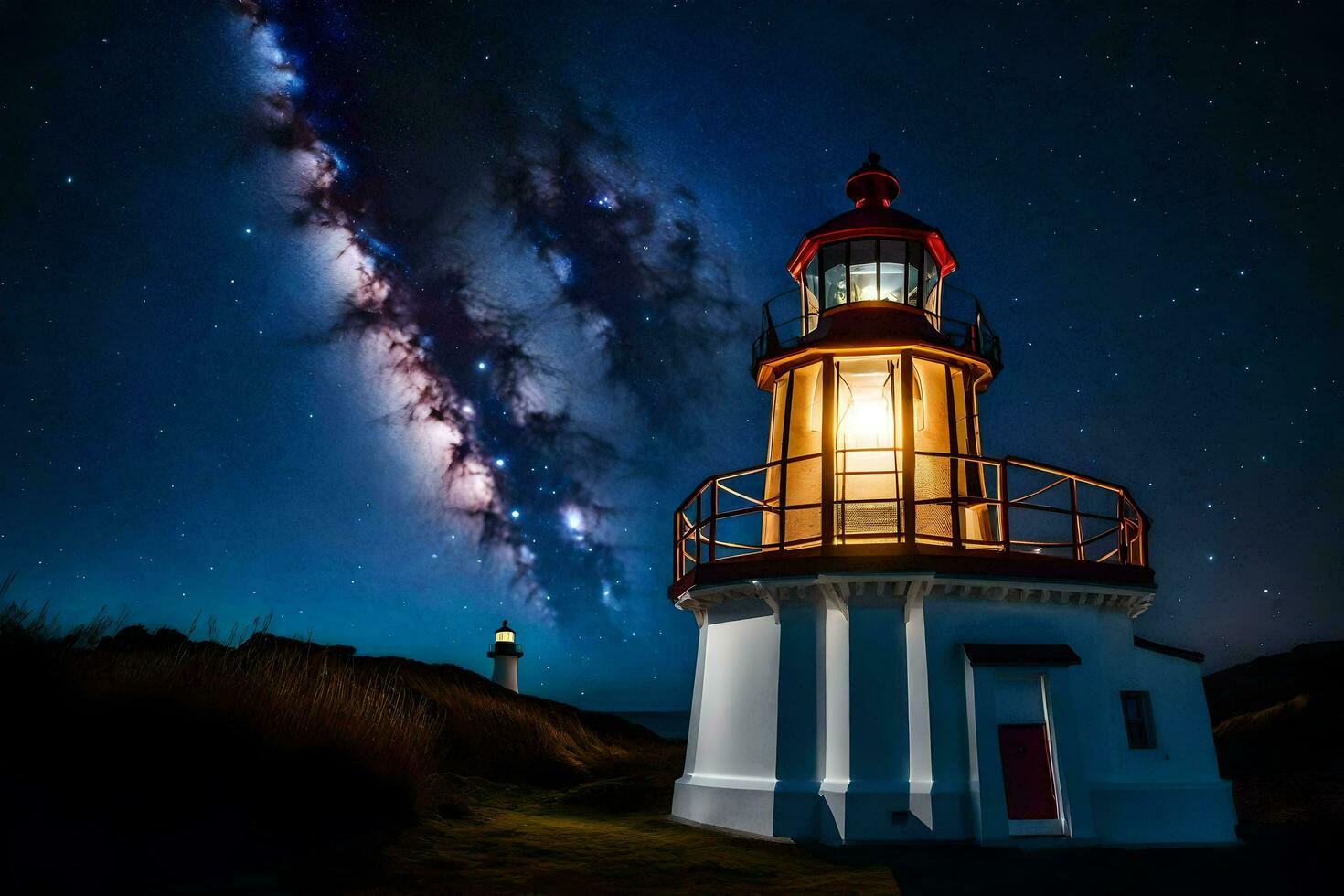 a lighthouse with a starry sky above it. AI-Generated photo