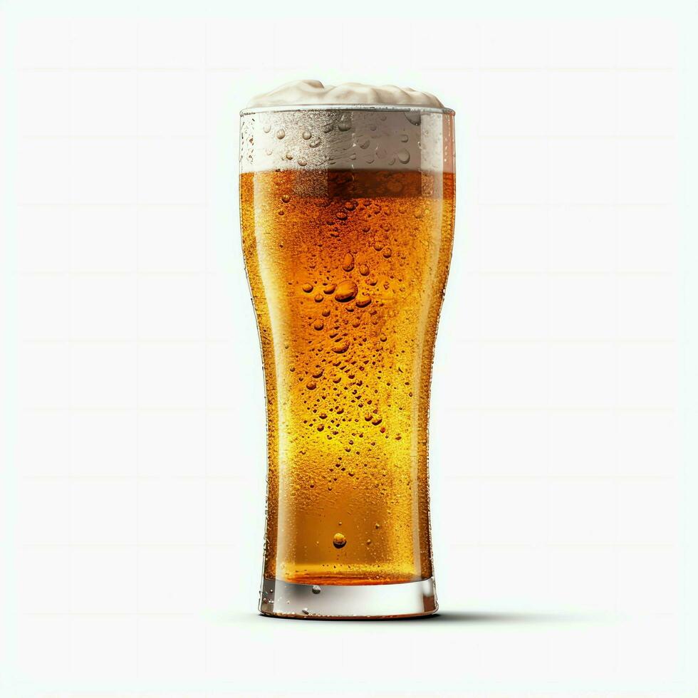 A glass of cold fresh beer with cap of foam. Splash of foam with tasty american beer. Beer day concept by AI Generated photo