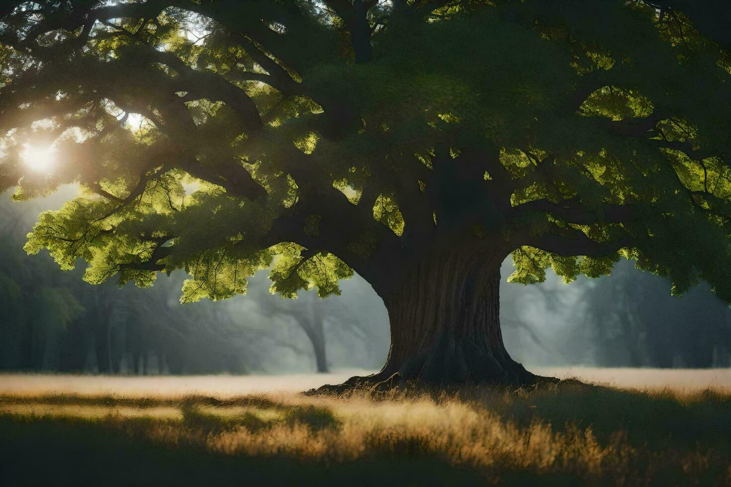 an oak tree in the middle of a field. AI-Generated photo