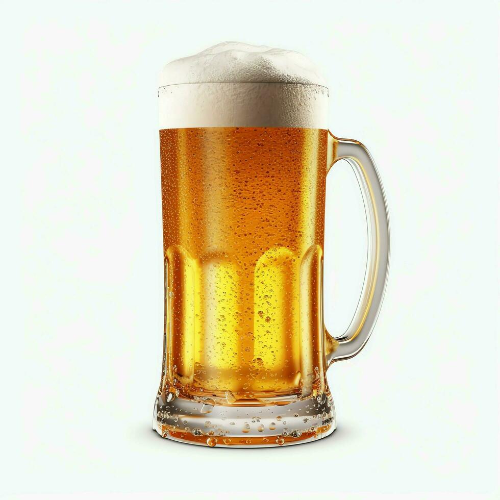 A glass of cold fresh beer with cap of foam. Splash of foam with tasty american beer. Beer day concept by AI Generated photo