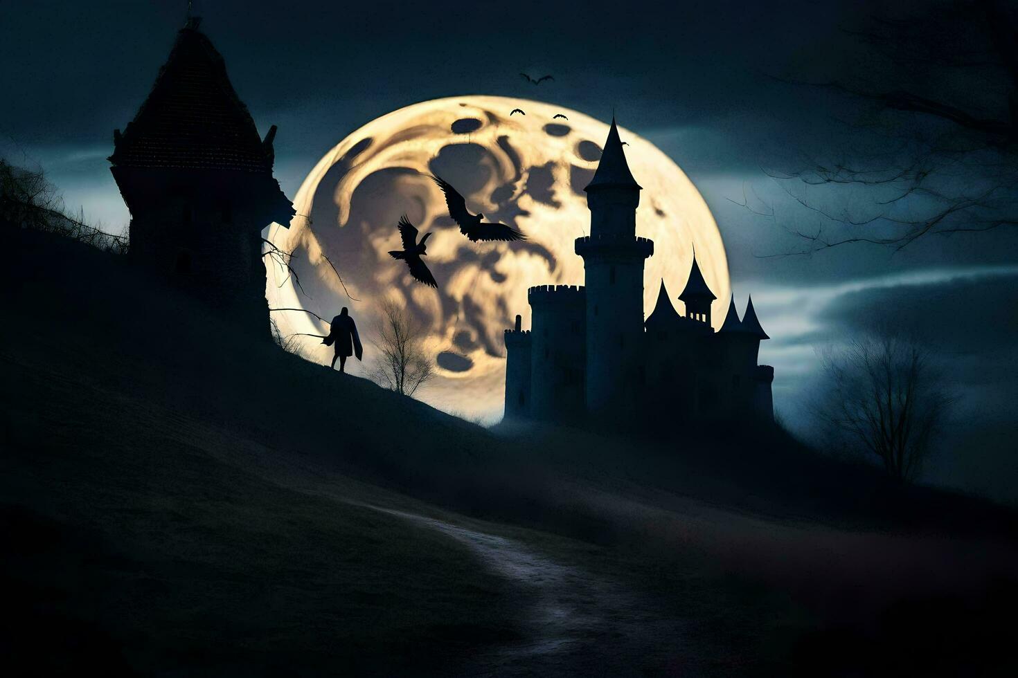 a castle with a full moon in the background. AI-Generated photo