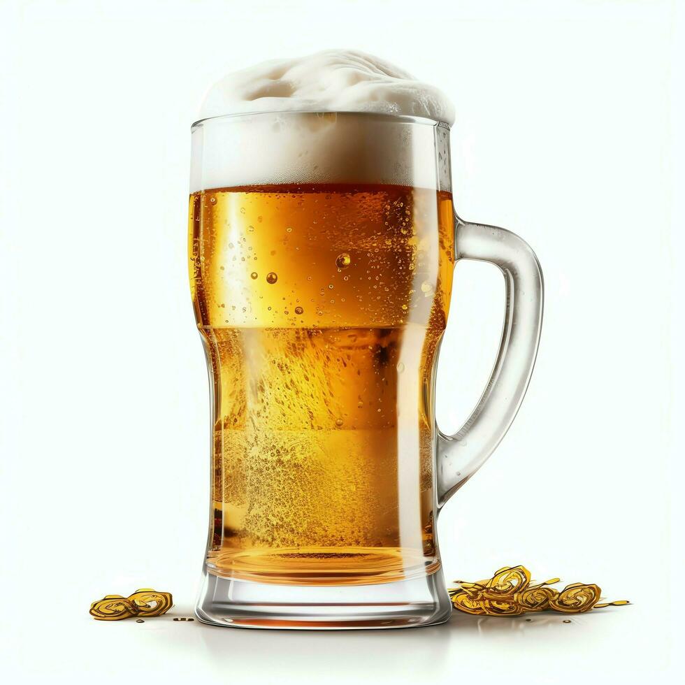 A glass of cold fresh beer with cap of foam. Splash of foam with tasty american beer. Beer day concept by AI Generated photo