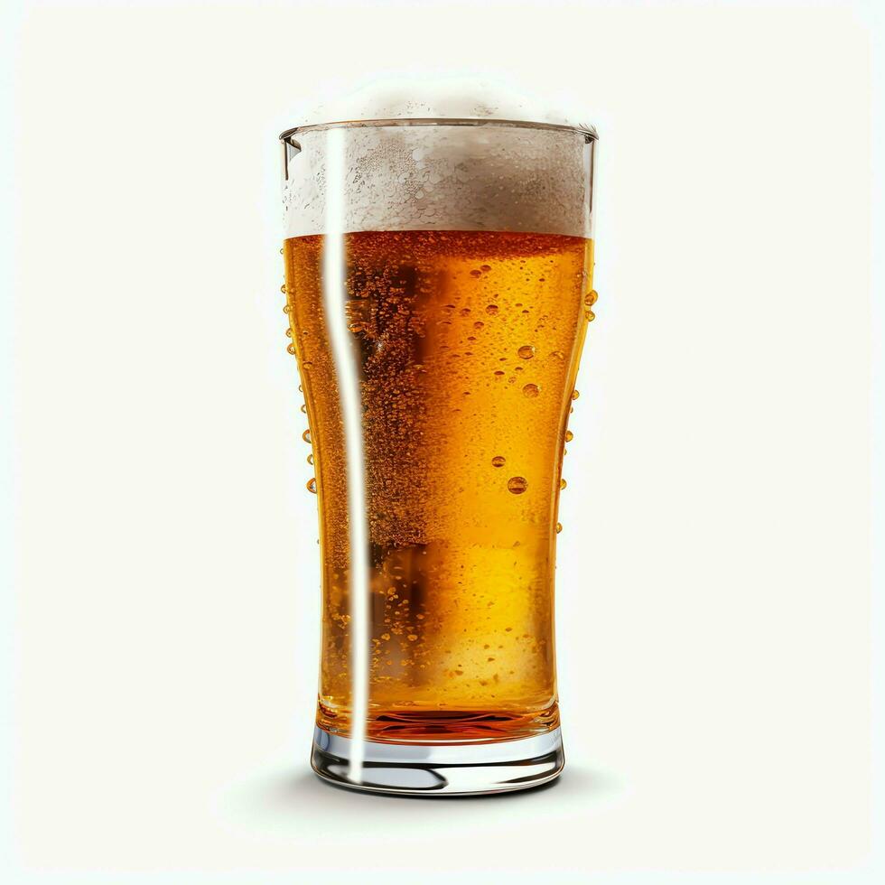 A glass of cold fresh beer with cap of foam. Splash of foam with tasty american beer. Beer day concept by AI Generated photo