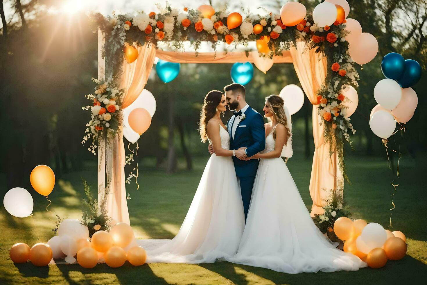 wedding couple under arch of balloons. AI-Generated photo