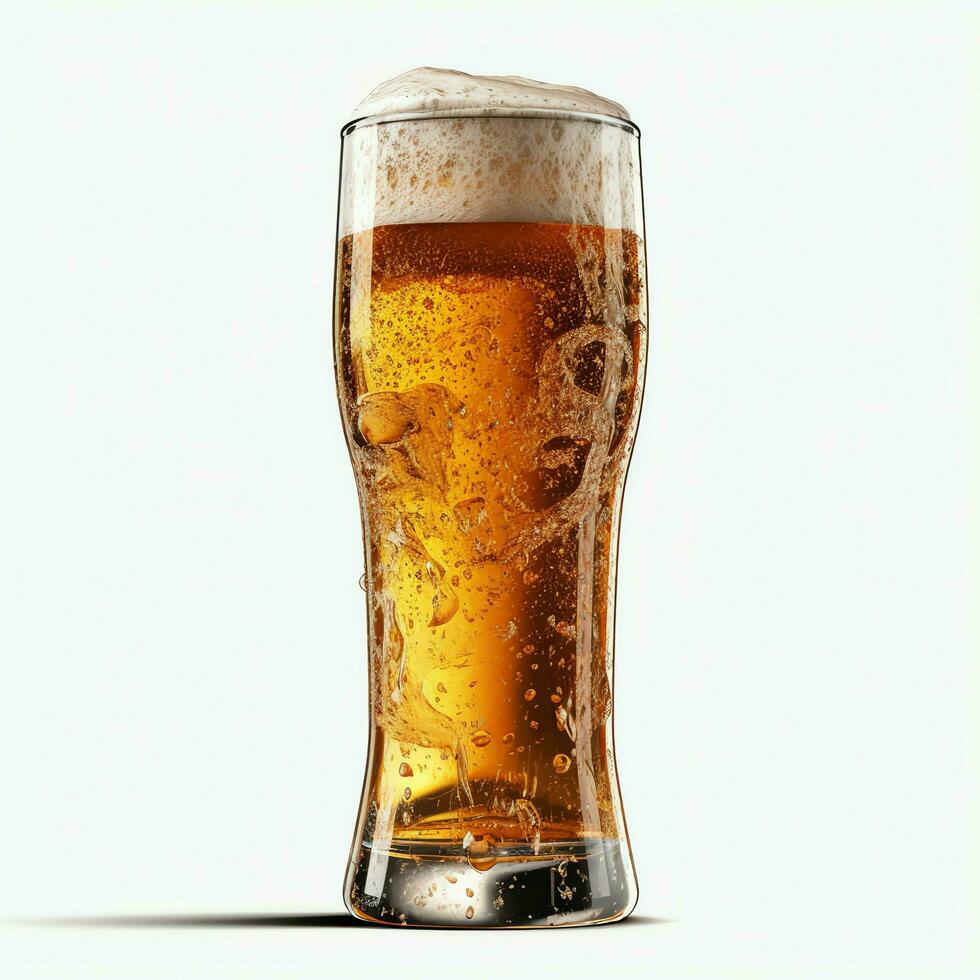 A glass of cold fresh beer with cap of foam. Splash of foam with tasty american beer. Beer day concept by AI Generated photo