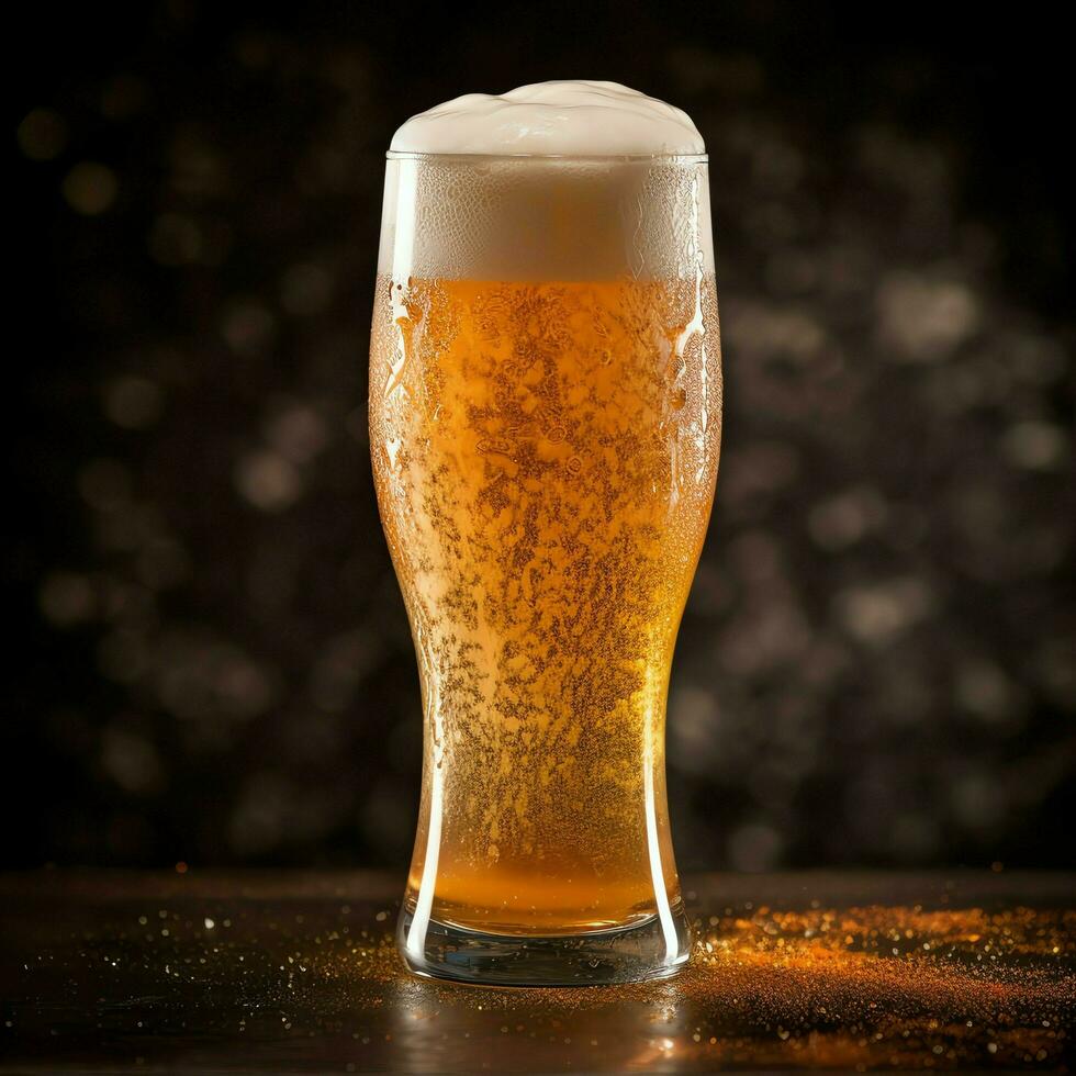 A glass of cold fresh beer with cap of foam. Splash of foam with tasty american beer. Beer day concept by AI Generated photo