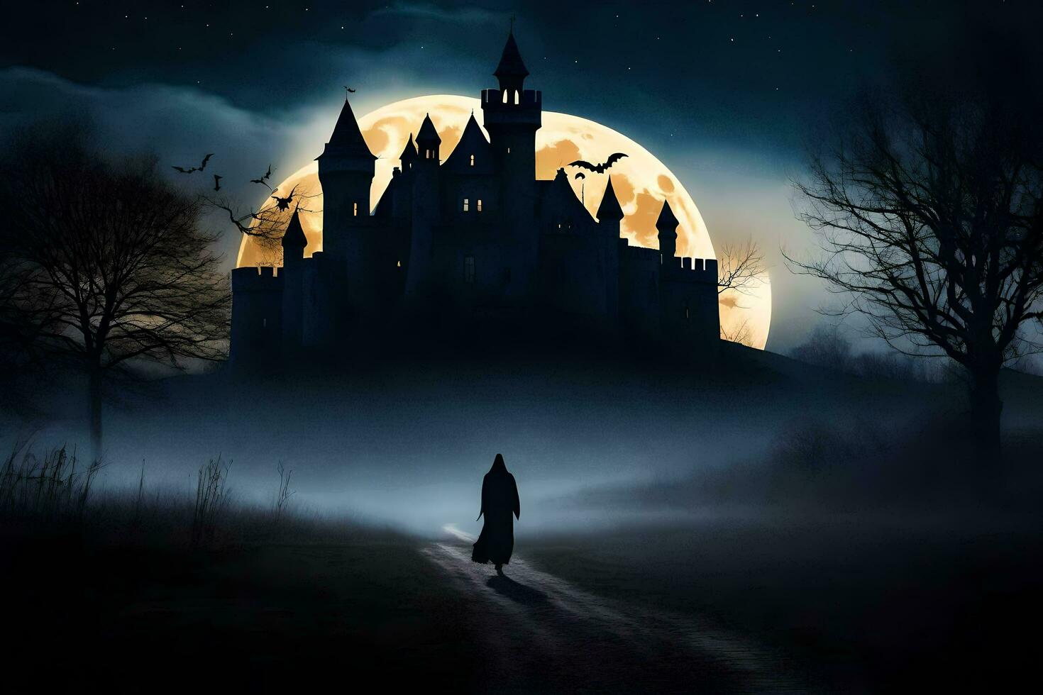 halloween castle in the night with full moon. AI-Generated photo