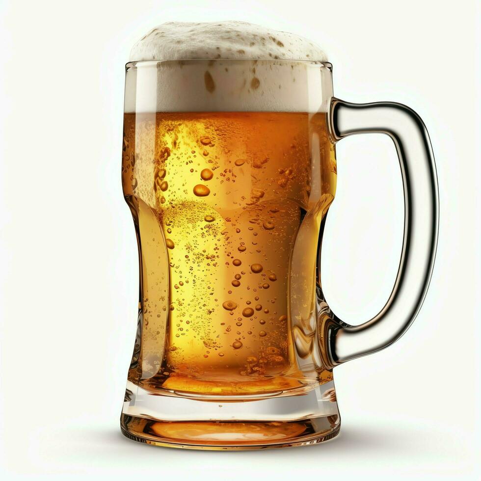 A glass of cold fresh beer with cap of foam. Splash of foam with tasty american beer. Beer day concept by AI Generated photo